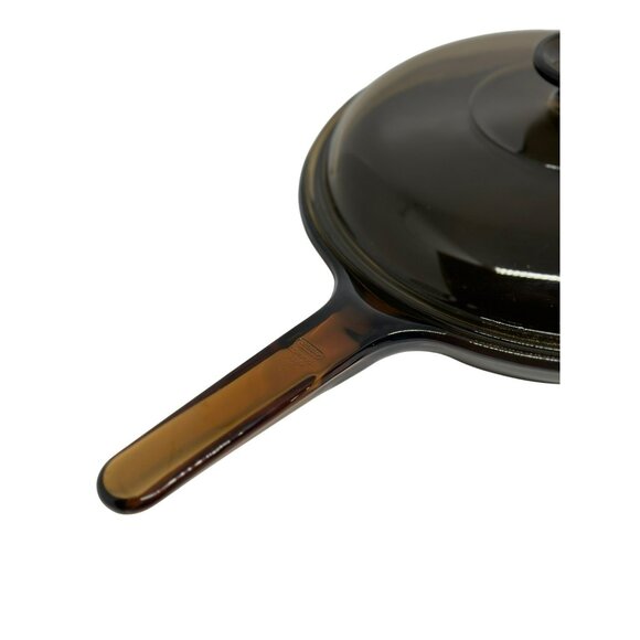 VTG CorningWare Visions Amber Brown Glass Skillet w/ Lid Teflon Coated 3.75"x11" - Picture 4 of 10